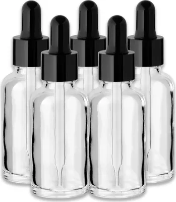 Produktbild von 5x Farblose Glasflasche 30 ml mit schwarzer Pipette Kosmetikflasche