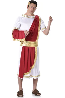 A man is posing in a Roman emperor costume.