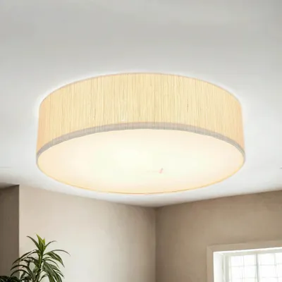 Produktbild von Deckenlampe Stoff rund Ø 50 cm H: 13 cm flach blendarm 3x E27 Weiß Wohnzimmer Schlafzimmer Deckenleuchte