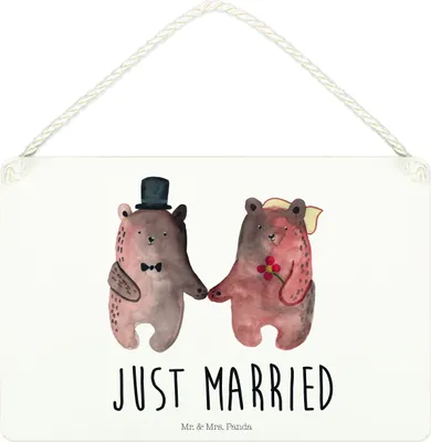 Produktbild von Mr. & Mrs. Panda Schild Bär Heirat DIN A4 - Weiß - Geschenk, wandtafel, Holzschild, Türschild, Wandbild Holz, Teddy, holzbild