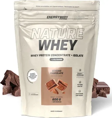 Produktbild von Energybody Nature Whey Schokolade, Proteinpulver ohne künstliche Verdickungsmittel, Whey Isolat und Konzentrat, 600 g Beutel
