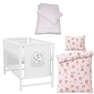 Produktbild von Baby-Delux Babybett Kinderbett Gitterbett Mia weiß 120x60 Matratze Bettset 4-Tlg. Teddy Rosa