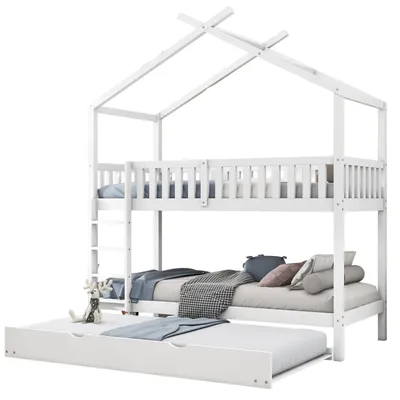 Produktbild von Hausbett Kinderbett Jugendbett, 90x200 cm, drei Betten, Ausziehbar, Platzsparendes Design, Weiß