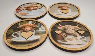 Holz-Untersetzer Set 4er Highland Cow Teetassen-Design