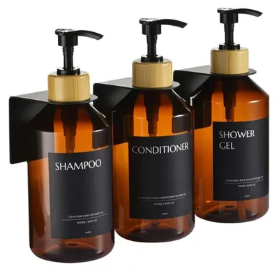 Immagine prodotto di Set di dispenser per sapone da parete, 3 pezzi da 500 ml, con flacone marrone e tappo in bambù nero, senza necessità di foratura