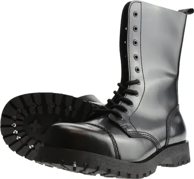 A pair of black leather combat boots with metal studs on the sole, shown against a white background.