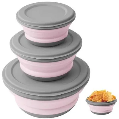 Produktbild von Famanu Faltbare Camping-Schüsselset - Tragbare Silikon-Schalen mit Deckel - 3 Stück in Rosa