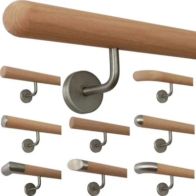 Produktbild von TIBU Buche unbehandelt Holz Handlauf Geländer 0,3m - 5m, Länge 400 cm, Ende Halbkugel gefräst und 5 gewinkelte Halter