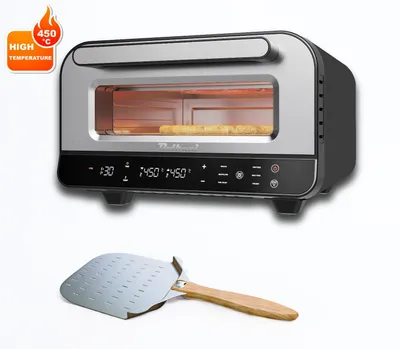 Produktbild von BOLKANI Elektrischer Pizzaofen mit Pizzastein & Pizzaschieber – 450°C für knusprige Steinofen-Pizza in 2 Minuten – 1700W, Timer Innenbeleuchtung.