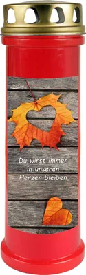 Produktbild von Grabkerze Rot, Brenndauer: 100 Stunden ( 4 Tage ), Motiv: Laub Herz