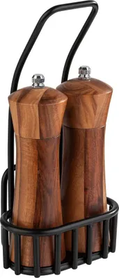 Produktbild von APS 40416 Pfeffer- und Salz-Menage URBAN, 3-teiliges Set, Salzmühle, Pfeffermühle, Gestell mit Kartenhalterung