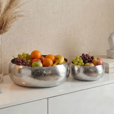 Produktbild von FineBuy Obstschale 2er Set Rund Silber Schale Metall 36cm Tischdeko Moderner Obstkorb Hammerschlag aus Aluminium Alu Früchteschale Handmade