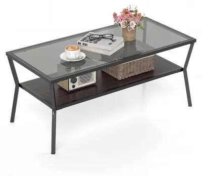 Produktbild von KOMFOTTEU Couchtisch mit 2 Ebenen, rechteckiger Wohnzimmertisch mit Tischplatte aus Hartglas und Metallrahmen, moderner Beistelltisch mit Regal, für Wohnzimmer, Büro, 106,5 x 50,5 x 46,5 cm