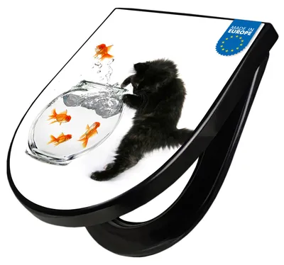 Produktbild von WC Sitz D-Form Schwarz mit Absenkautomatik Motiv Katze Und Fisch [TDSCH3 12355]