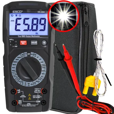 Image de Multimètre numérique TRMS 1000 V 20 A | Appareil de mesure multifonction automatique avec NCV, capacité, température, étui et accessoires CAT III ESCO ES-890