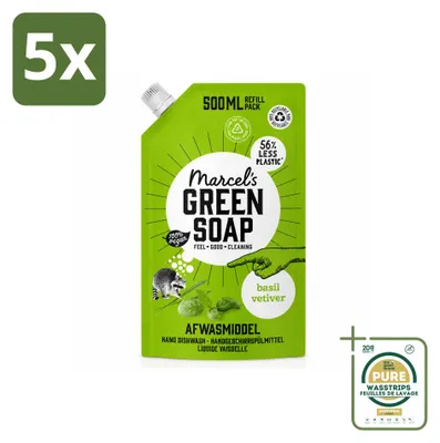 Produktbild von 5 x  Marcel's Green Soap Nachfüller Afwasmiddel Basilicum & Vetiver 500 ml - Vorratspackung - 5 Stücke