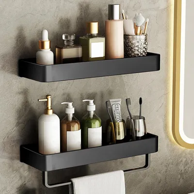 Image de Étagère de douche sans percer, autocollante, panier de douche, 2 pièces, étagère, étagère de salle de bain avec porte-serviettes et crochets, étagère de salle de bain inoxydable, étagère murale pour salle de bain, cuisine, noir, 30 cm
