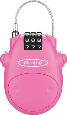 A pink combination lock for a scooter.