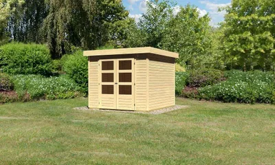 Productafbeelding van Tuinhuis Askola 3,5, terragrondkleur, in een set met een uitbouw van 2,80 meter breed en met zij- en achterwanden van 19 mm dik