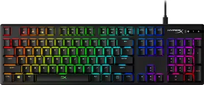 A top-down view of a black gaming keyboard with RGB lighting.