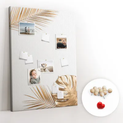 Obrázek produktu pro Korková nástěnka s kolíčky - Tabule s kolíky pro fotografie a poznámky - 100x140 cm - Připínáčky dřevěné 100 kusů - Zlaté listy