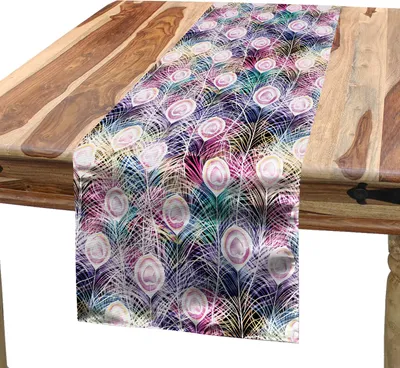 Produktbild von ABAKUHAUS Pfau Tischläufer, Exotische Vibrant Bohemian Inspiriert Muster mit bunten Federn Drucken, 40 x 180 cm, Mehrfarbig