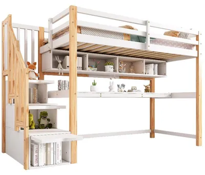 Productafbeelding van Kinderbed met bureau, 90x200 cm, wit, met planken en geïntegreerde trap, geschikt voor een kinderkamer