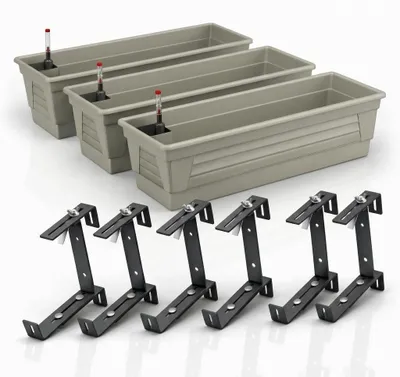 Produktbild von Plastard Blumenkasten 3er Set 60 cm selbstwässernd mit Hydroeinsatz, Wasserstandsanzeiger und Metallhalterung in Seidengrau