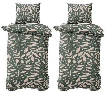 Produktbild von Bettwäsche Set 135x200 cm Jersey Baumwolle Bettbezug Bettgarnitur Set Dunkelgrün Beige Geblümt 4 teilig