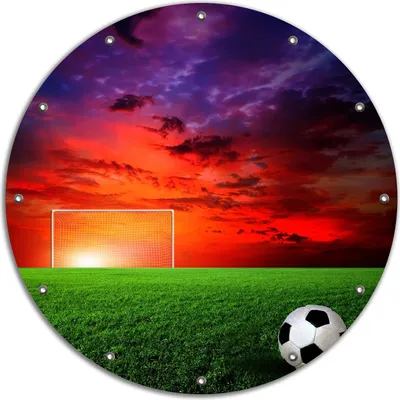 Produktbild von Wallario rundes Outdoor-Poster für Garten oder Balkon, Motiv Fußball - Fußballfeld bei Sonnenuntergang, 90 cm Durchmesser