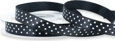 Einseitig glänzendes, weiß gepunktetes schwarzes Satinband auf Rolle. Perfekt für Bastelprojekte und Geschenkverpackungen