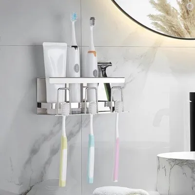 Produktbild von Edelstahl-Zahnpastenhalter für Wandmontage, 3 Becherfach, ohne Bohren, Selbstklebend, Badezimmerschmuck mit Montagezubehör.