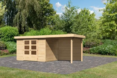Produktbild von Karibu Gartenhaus Gerätehaus Askola 4 im Set mit Anbaudach 2,40 m Breite und 19 mm Rückwand naturbelassen 522x217x211 cm