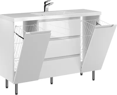 Produktbild von FURNI Waschtischunterschrank ETH 120 - Weiß Hochglanz - Stehender Badschrank mit Mineralguss-Waschbecken - Griffmulden - Vormontiert