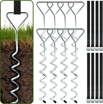 Obrázek produktu pro TolleTour 8x zemní kotevní trampolína 40 cm 5 cívek Nastavitelné popruhy Bezpečnostní sada z nerezové oceli Zemní kotevní upevnění altánku zahradní domek houpačka