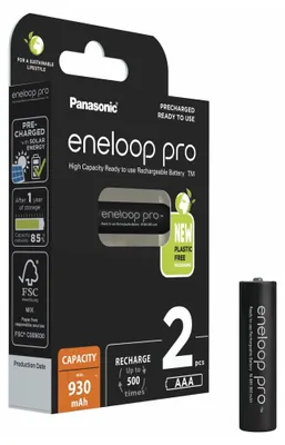 Produktbild von Panasonic 930mAh, 1.2V, Wiederaufladbarer Akku, AAA, 1,2 V, 2 Stück(e), 930 mAh, Schwarz