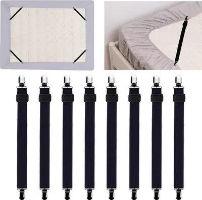 Produktbild von 8 Stuck Verstellbare Elastische Bettlakenspanner, Lakenspanner mit Metallklammern fur Bettlaken, Bugelbrett, Matratze oder Sofa - (30-120cm), Schwarz