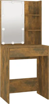 A vanity table with a mirror and shelves.