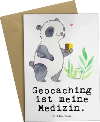 Produktbild von Mr. & Mrs. Panda Glückwunschkarte Panda Geocaching - Weiß - Geschenk, Opencaching, einladungskarten, osterkarte, dankeskarten, Grußkarten, Schatzsuchen, weihnachtskarten