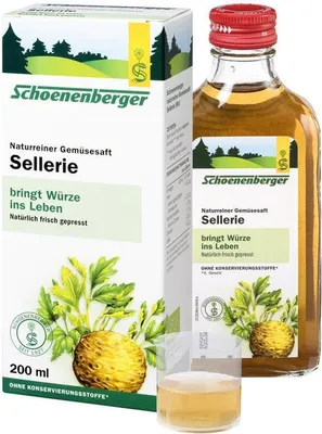 A box and bottle of Schoenenberger Naturreiner Gemüsesaft Sellerie (celery juice), with a small glass of the juice in the foreground.