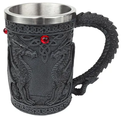 Tankard-Becher 18 cm, schwarz, mit Keltischen Knoten & Drachen