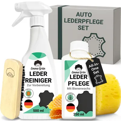 Produktbild von Emma Grün® Lederreiniger & Lederpflege Set [MIT BIENENWACHS] – Auto Ledersitze, Sofas & Schuhe reinigen & pflegen