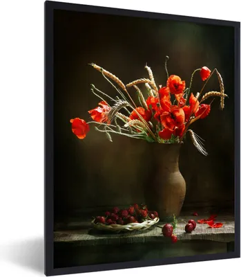 Produktbild von MuchoWow® Gerahmtes Poster Mohnblumen - Stillleben - Obst 60x80 cm - Poster mit Schwarzem Bilderrahmen Wandposter Rahmen Foto Bilder - Premium - Wanddeko Wohnzimmer
