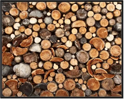 Produktbild von Wallario Wandbild Dunkler Holzstapel rund, Größe: 40,30 x 50,30 cm, Poster mit schwarzem Aluminiumrahmen