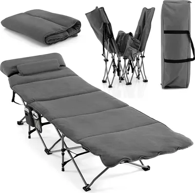 Produktbild von GOPLUS Klappbar Campingbett mit Matratze, Abnehmbar & Kissen, Schlafbett, Feldbett tragbar für Erwachsene & Kinder, Camping Reisen Büro Zuhause, Grau