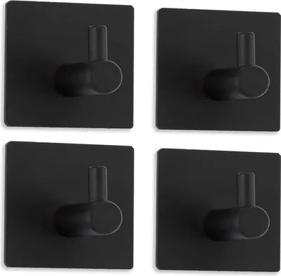 Produktbild von 4er Set Wandhaken Handtuchhaken Selbstklebend Ohne Bohren Schwarz 304 Edelstahl Rostfrei Selbstklebender Handtuchhalter für Bad und Küche Eckig