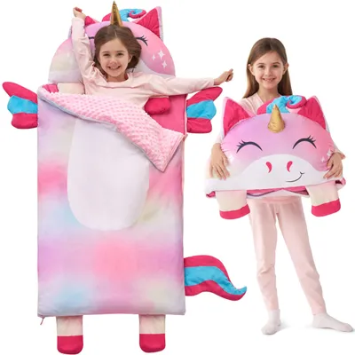 Zdjęcie produktu dla Kolorowy śpiwór w kształcie jednorożca - 152 x 68 cm - Z poduszką i kocem - Dla dzieci