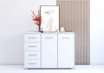 Produktbild von Kommode Sideboard Anrichte Schlafzimmer Highboard 135 cm (Weiß/Weiß) mit 2 Türen und 4 Schubladen FRIDA 01