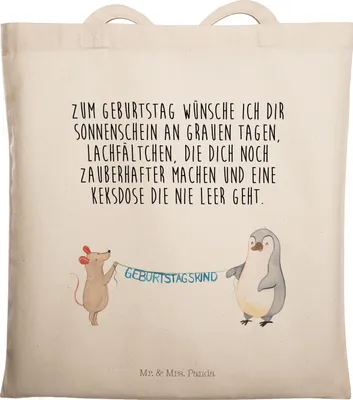Produktbild von Mr. & Mrs. Panda Tote Bag Maus Pinguin Geburtstag - Transparent - Geschenk, Happy Birthday, Schultasche, Stoffbeutel, Geburtstage, Einkaufstasche, Jutebeutel, Tasche