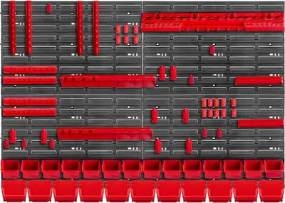 Obrázok produktu pre Nástrojová doska – dierovaná stena – 116 × 78 cm – 70-dielna sada – montáž na stenu pre dielňu/garáž – červená